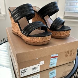 Steve Madden Black Wipeout Cork Wedges, size 8.5